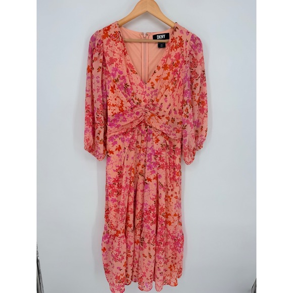 Dkny Dresses & Skirts - DKNY Womens Pink Floral Chiffon V-Neck Smocked Back Tiered Midi Dress Size 10